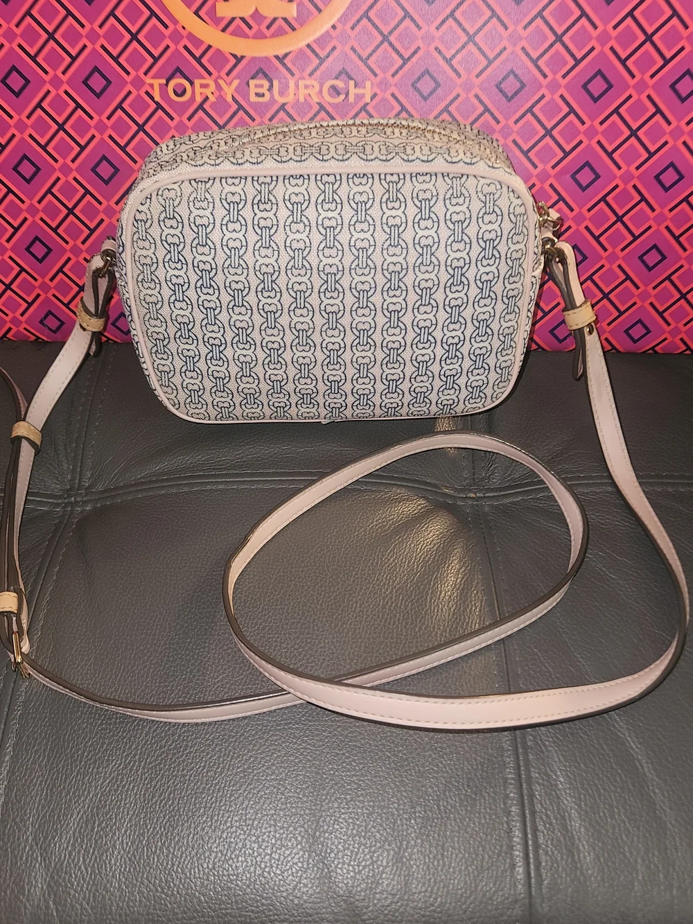 Tory Burch Blue and Cream Striped Jacquard Crossbody Camera Bag - Picture 3 of 8